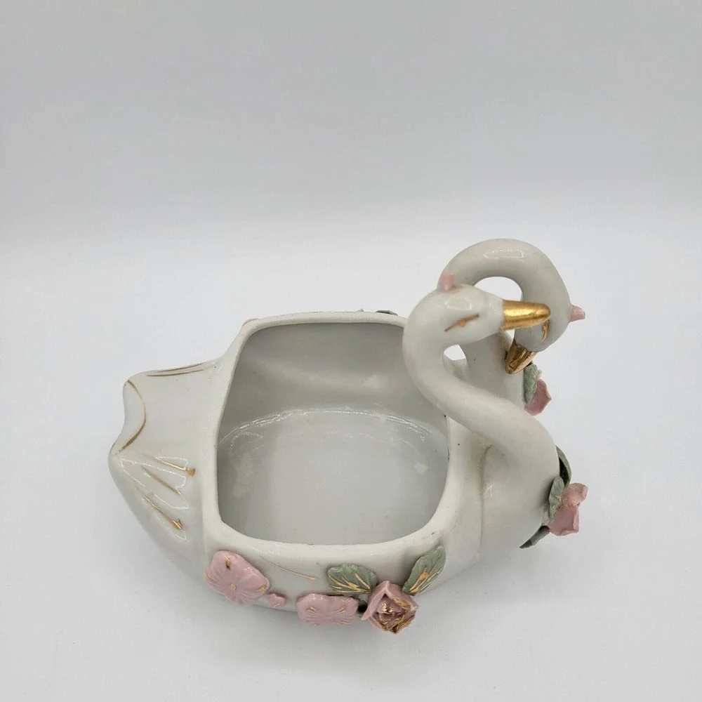Vintage Double Swan China Trinket‎ Dish Vase With Flowers Collectible Home Decor